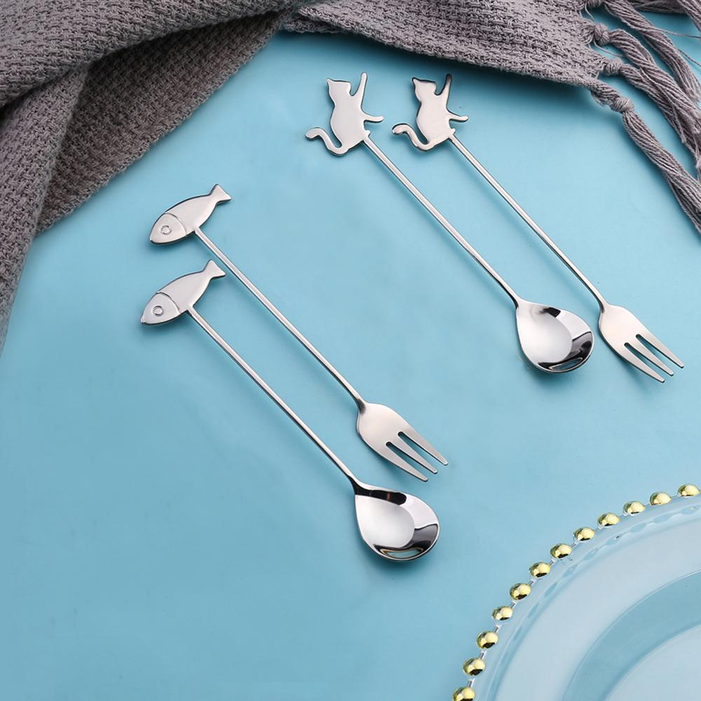 Cat Fish Small Spoon Fork Japanese Dessert Spoon Stainless Steel Long Handle Coffee Stirring Spoon Cake Fork Tableware Supplies