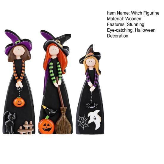 Unique Witch Collectible Figures Halloween Table Decoration, Cute Wooden Centerpiece, Farmhouse Autumn Ghost Pumpkin Black Cat Statues Ornament