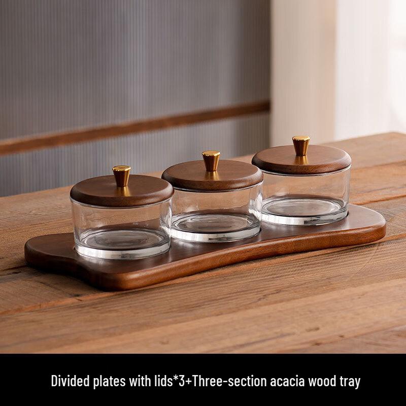 Chinese Style Glass Divided Snack Plate Three Compartments