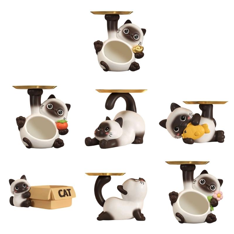 Multifunctional Resin Siamese Cats Statue Desktop Ornament for Key Storage Tray Decorative Display and Housewarming Gift