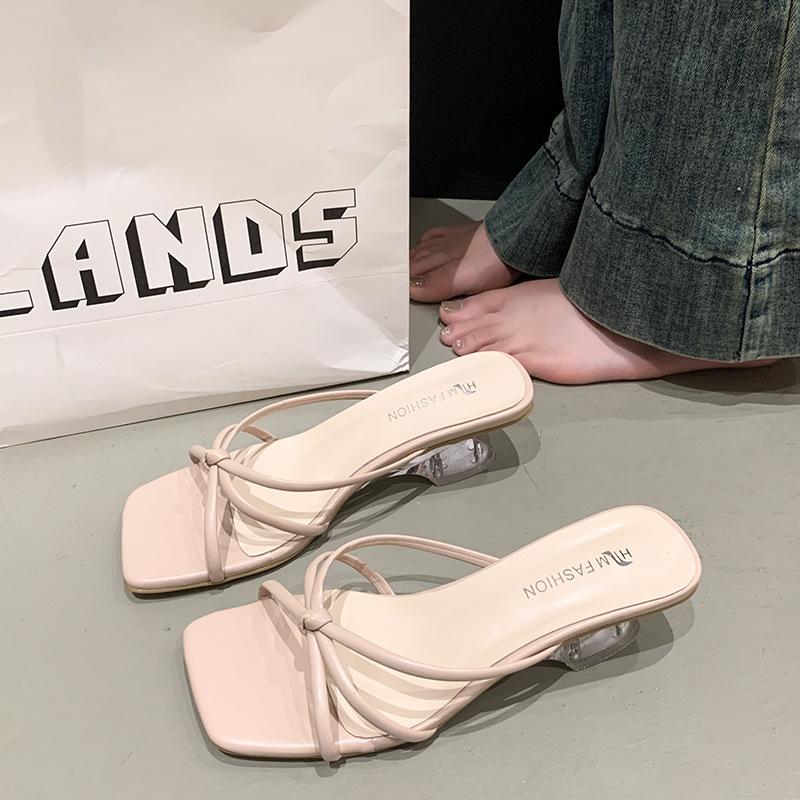 Cool slippers summer outer wear women's shoes 2025 new silver square head with skirt thick heel slippers