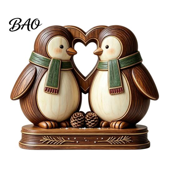 Hand Polished Wood Decor Wooden Animal Ornament with Stable Base, Double Layer Carved Figurine, Rustic Crafts for Office Heart Shape Sculpture