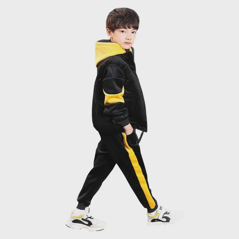 Men's Black Winter Korean Hooded Pullover and Pants Three-Piece Set