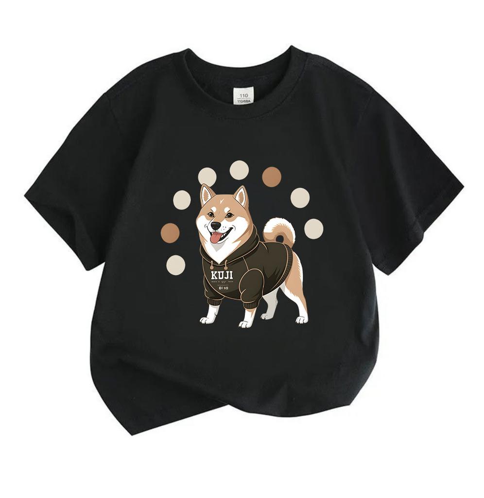 Kids Boys Girls Crew Neck Short Sleeve 100% Cotton T-Shirt, Cute Smiling Shiba Inu Dog in Hoodie Graphic Casual Soft Breathable Tee Top for Children D