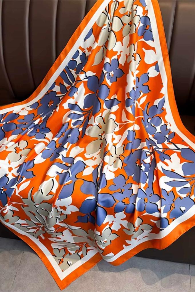 Women' Scarf 90X90 "Orange Garden" - Floral Silk Imitation Shawl