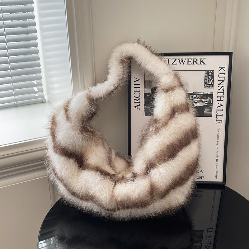 Herbst Winter Damen Plüsch Umhängetasche Luxus Design Kunstfell Gestreifte Handtaschen Amerikanische Mode Retro Weiche Achseltaschen CLE