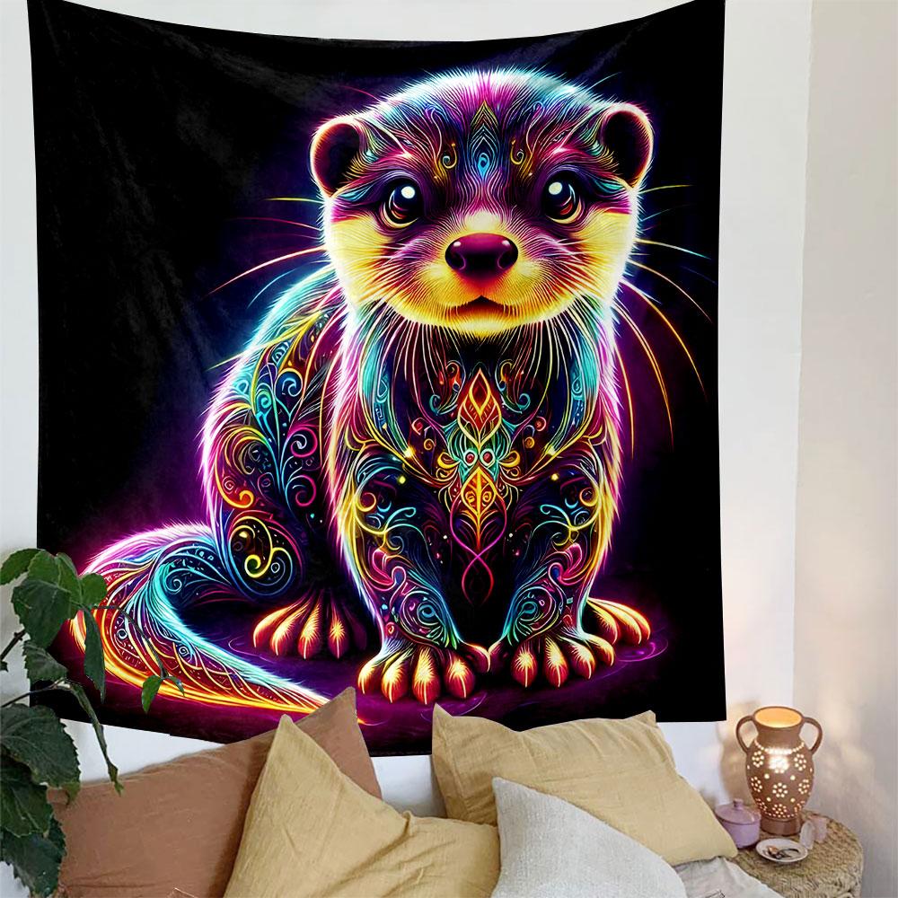 Neon Tribal Otter Artwork Patterned Tapestry Decorative Wall Hanging, Home Bedroom Living Room Decor