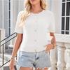 Women European Style Short Sleeve Button Front Cropped Round Neck Knitted Cardigan Sweater