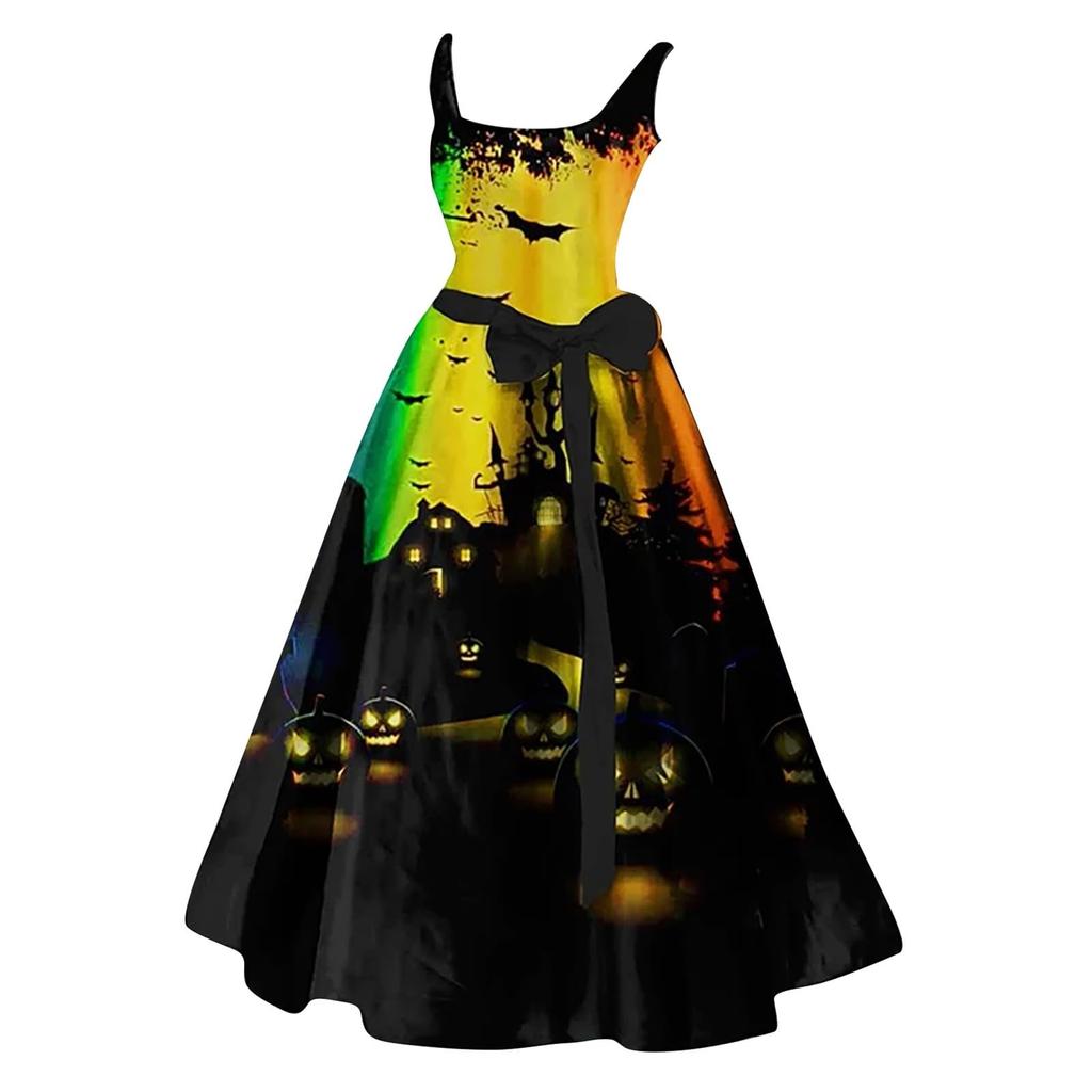 Maxi Abito da Donna Oversize con Stampa di Halloween - Collo Senza Maniche Casual Lungo per Feste