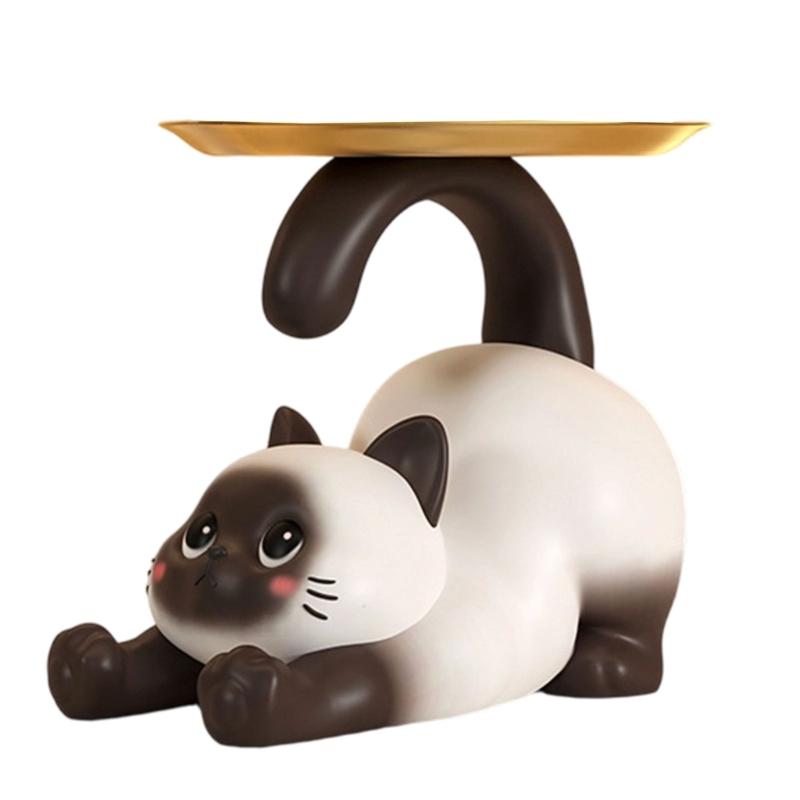 Multifunctional Resin Siamese Cats Statue Desktop Ornament for Key Storage Tray Decorative Display and Housewarming Gift