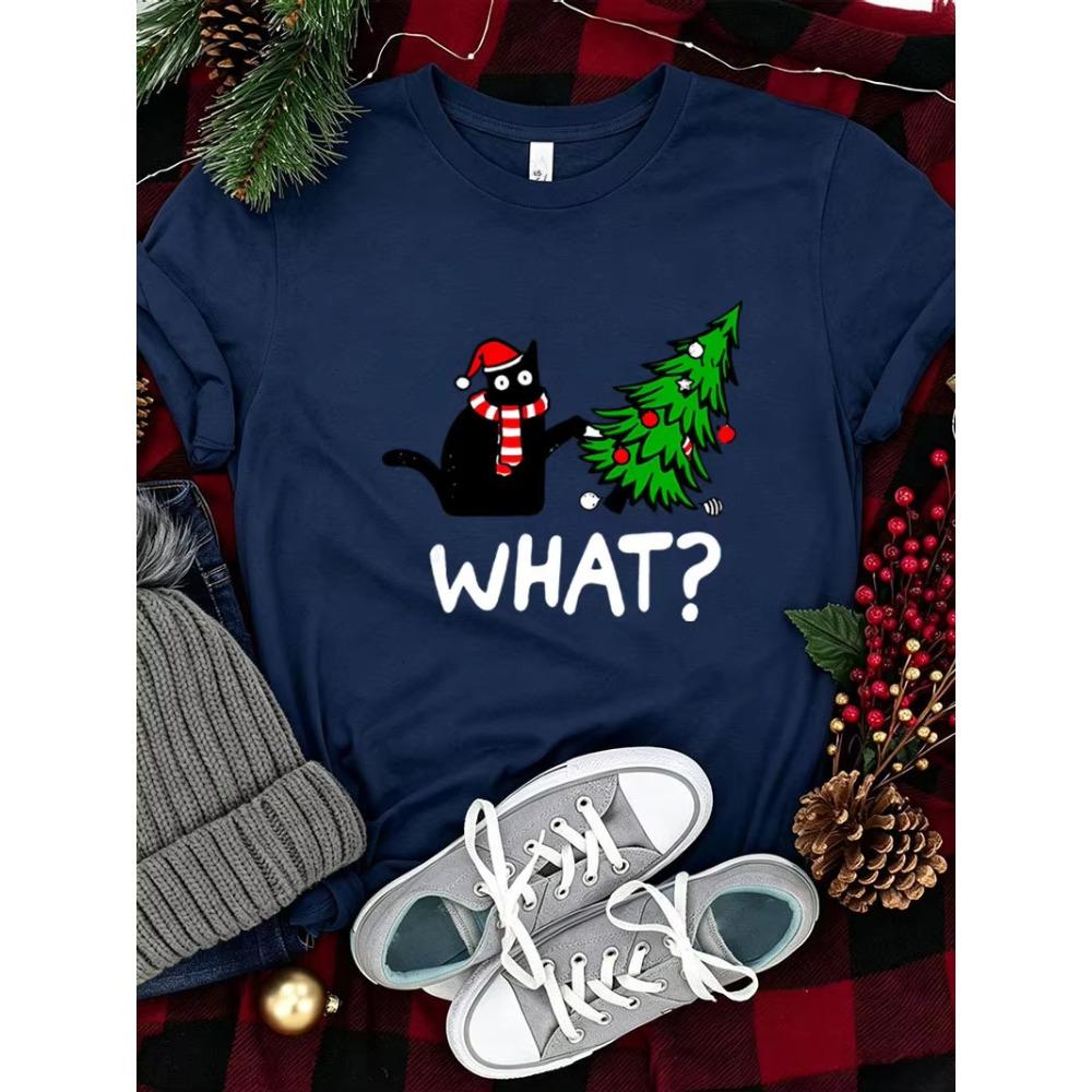 Christmas Cartoon Cat Xmas Tree Print Graphic Print T-shirt Women Fashionable Comfortable Breathable Soft Casual Sports Short Sleeve Cotton T-shirt