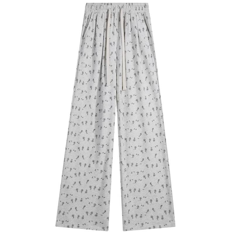 145cm Women's White Floral Casual Summer Sweatpants - Loose, Straight-Leg, Petite, Wide-Leg Pants