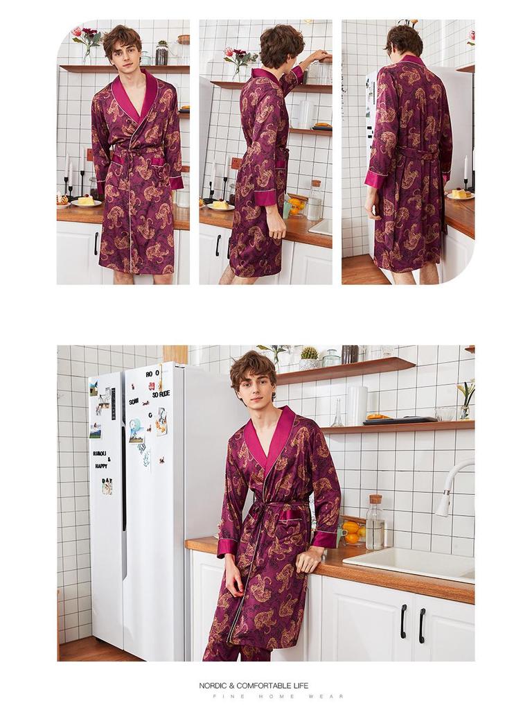 Yaoting Men's Long Sleeve Silk Pajamas and Robe Set, Ice Silk Fabric, WP032