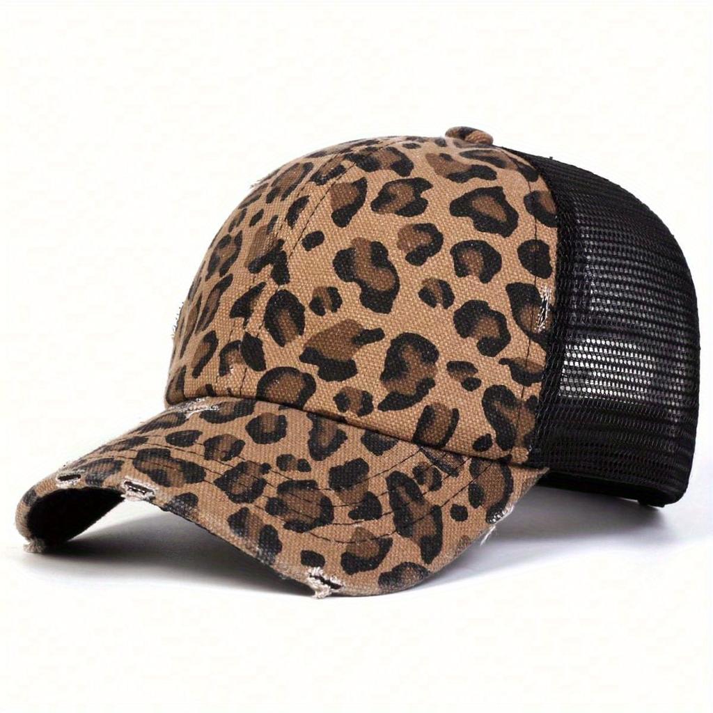 1pc Women Leopard Print Ripped Trucker Hat, Baseball Cap, Streetwear Fashion Casual Hat for Spring/Fall Outings, Travel, Beach Holiday
