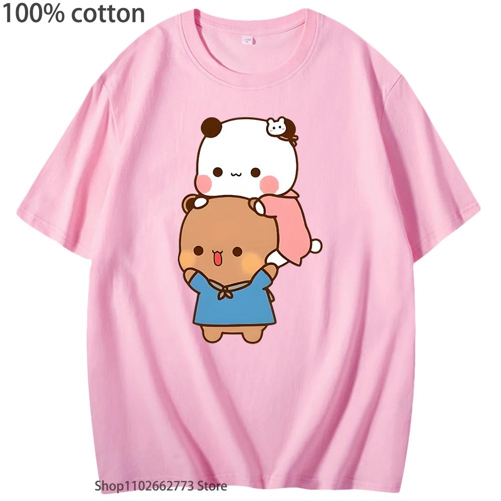 Kawaii DuDu and BuBu Enjoying Their Time Tshirts Cute Panda Bear Graphic Shirt Korean Styele Women Clothes Cotton Men Tees