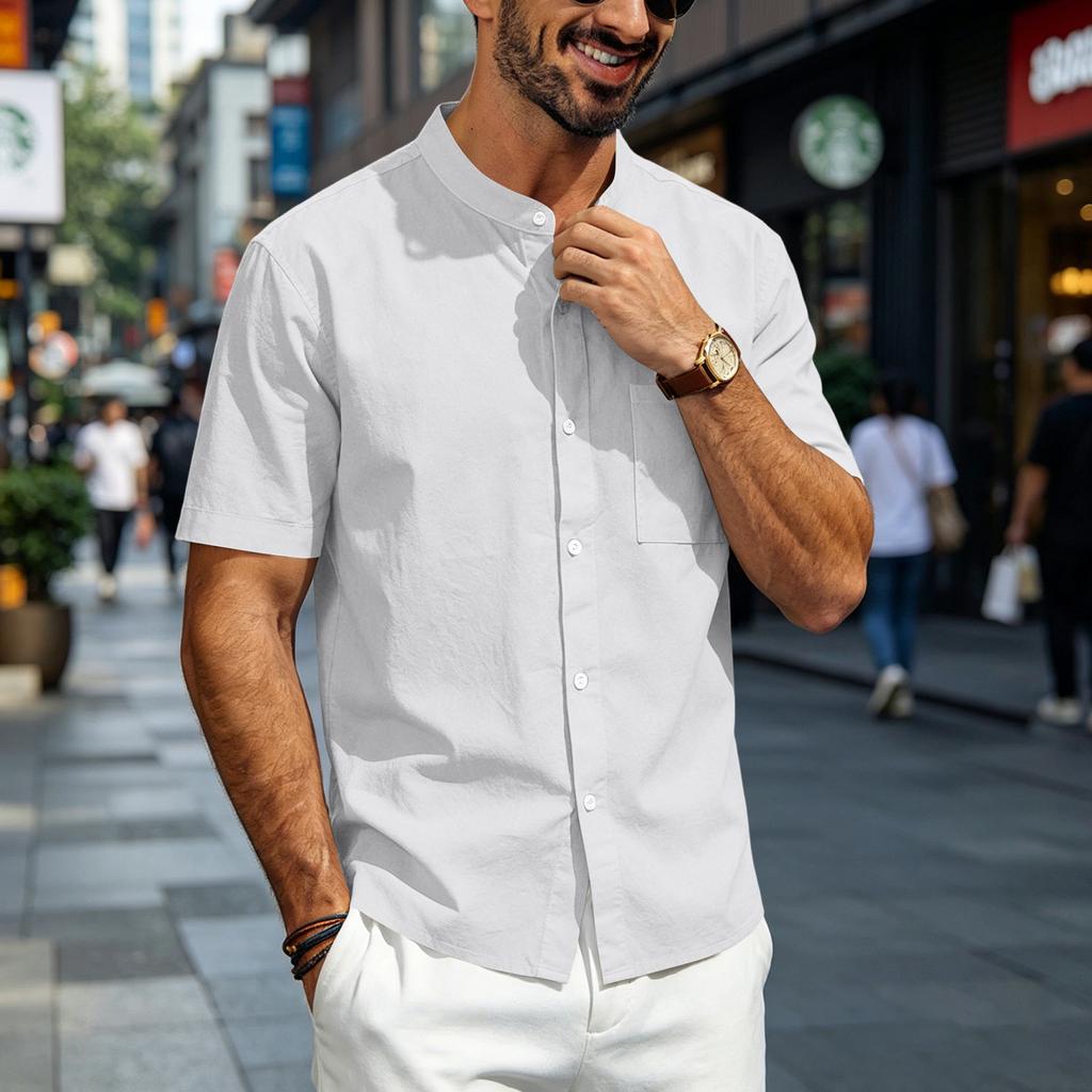 Mens Linen Shirt Short Sleeve Stand Collar Casual Loose Fit Breathable Lightweight Button Down Top with Chest Pocket