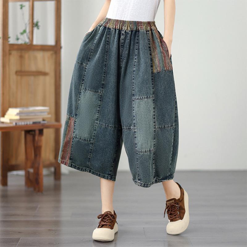 

Real Shot Plus Size Women s Summer Loose Patchwork Distressed Denim Wide-Leg 7-Point Pants XL светло-синий