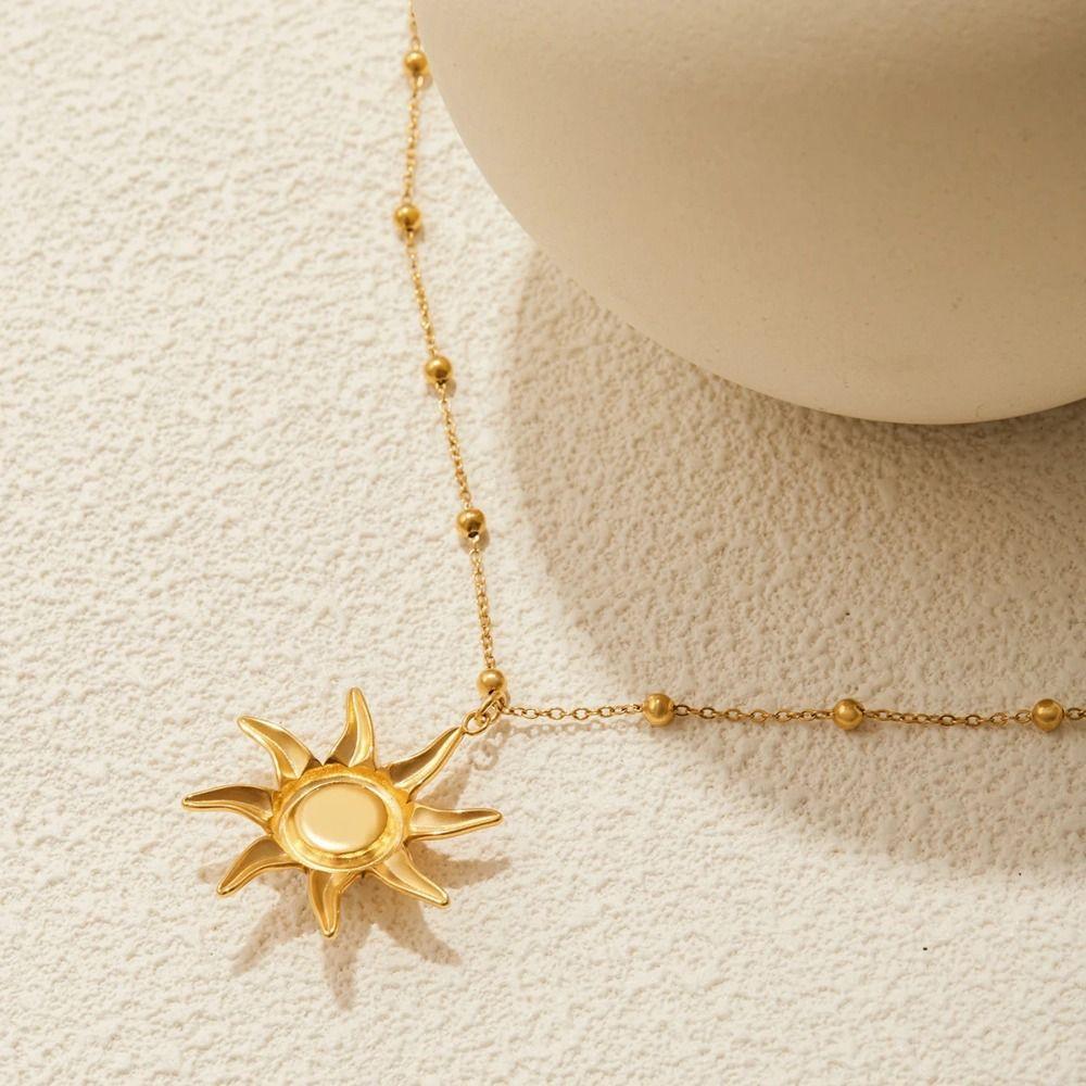 Bohemian 18K Gold Plated Necklace Stainless Steel Double Stacked Neck Chain Sun Pendant  Beach