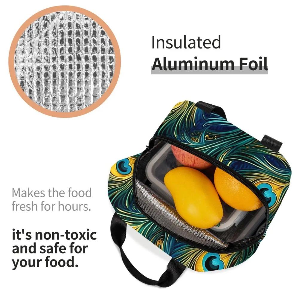 Colorful Peacock Feather Insulated Lunch Bag for Women Children Portable Food Boxes Thermal Lunch Box Tote