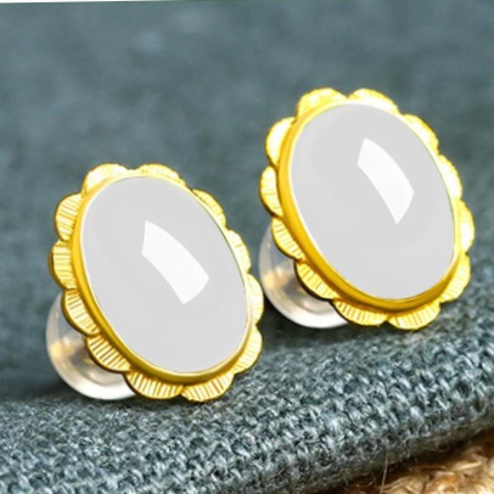 Vintage Gold Plated Jasper Stud Earrings Women White Jade Gold Agate Inlaid Elegant Dainty Jewelry Gift