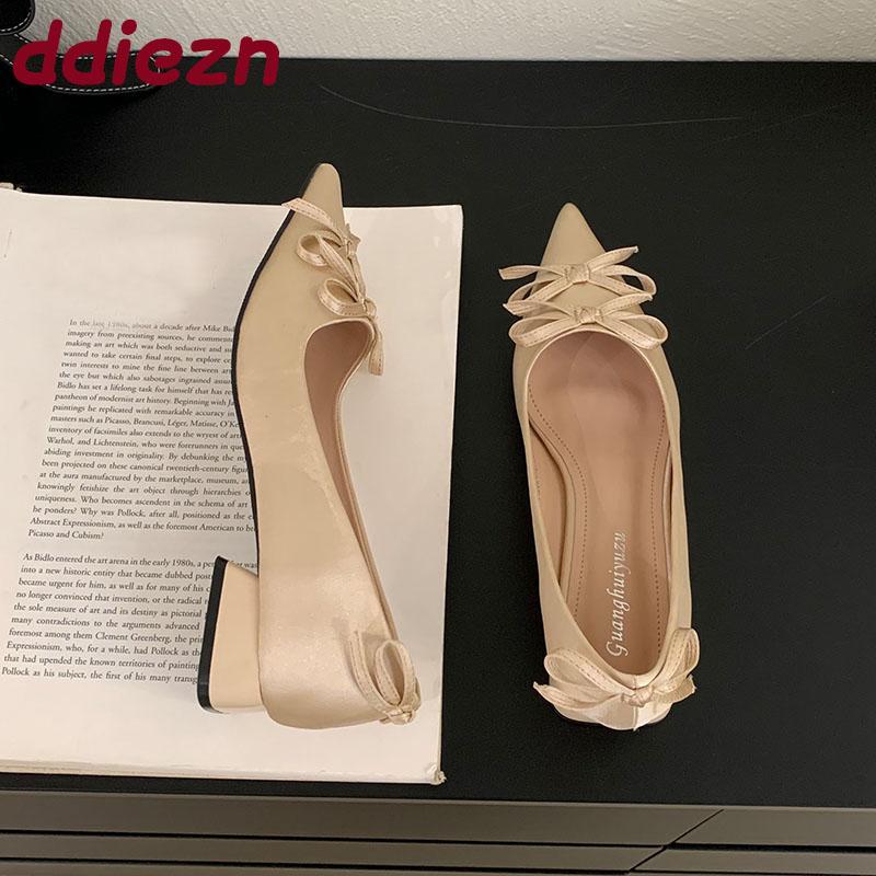 Fashion 2025 New Fashion Silk Shallow Women Low Heel Shoes Butterfly-Knot Female Slip On Footwear Pointed Toe Ladies Heels Pumps Shoes