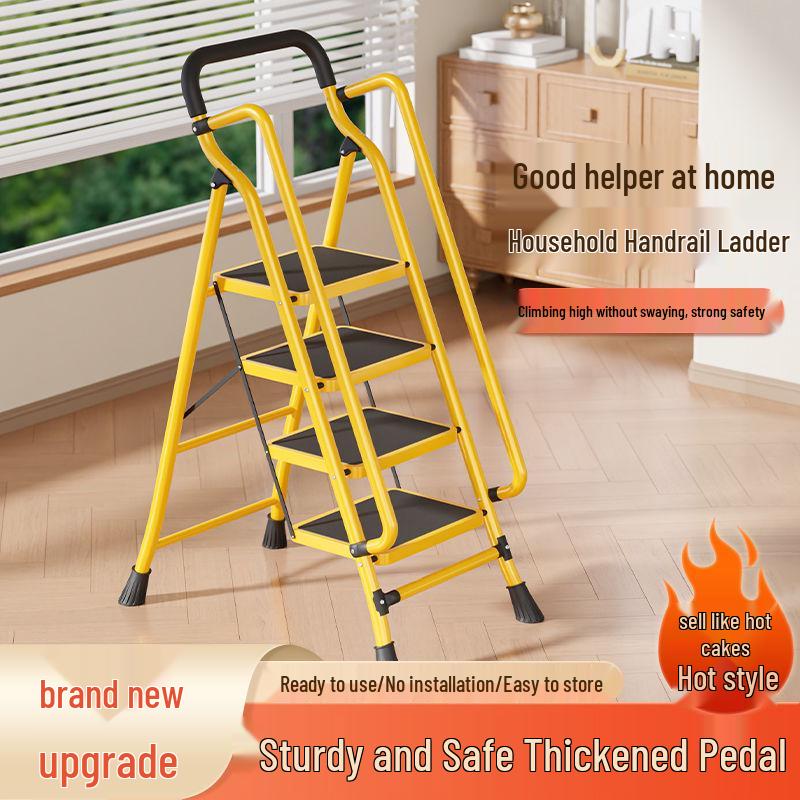 Extra Wide Folding Ladder with Handrails - Portable Indoor Step Ladder for Elderly