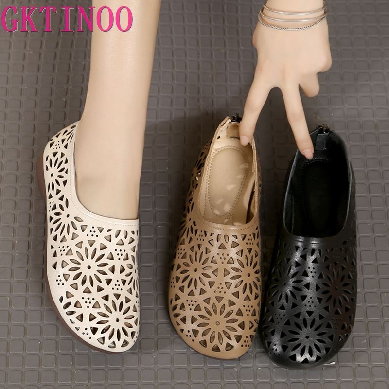 GKTINOO 2024 Summer Genuine Leather Hollow Shoes Woman Sandals Casual Sneakers Flat Soft Sole Comfortable Sandals Large Size