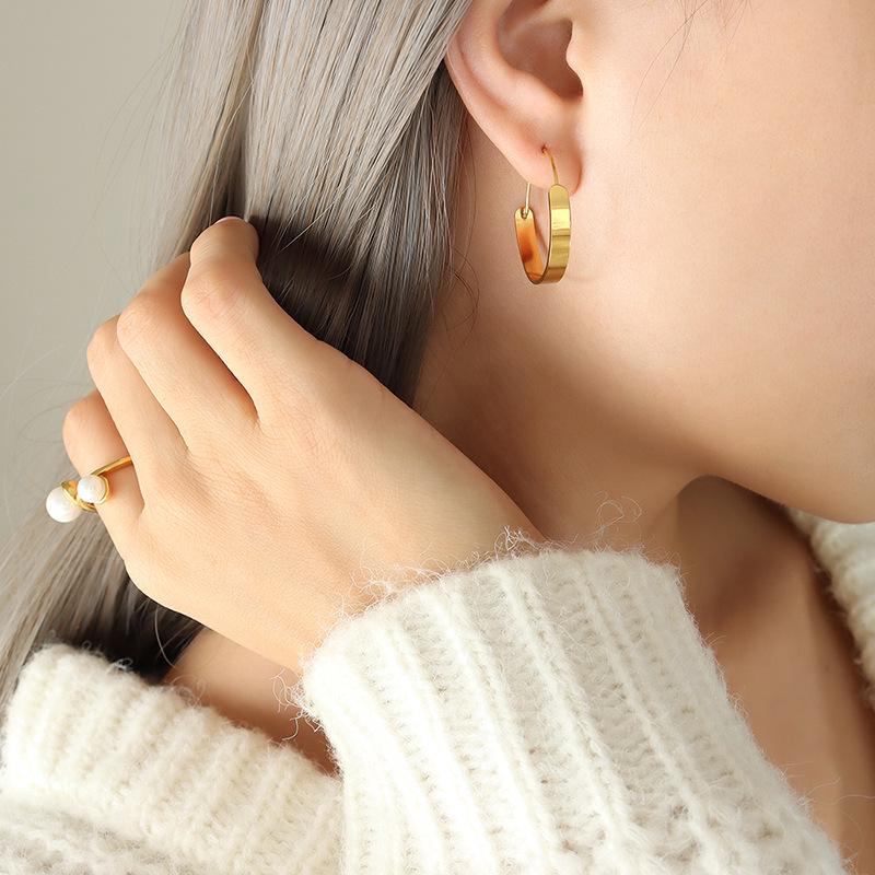 Trendy Minimalist Gold-Plated Titanium Hoop Earrings - Autumn/Winter Style F328