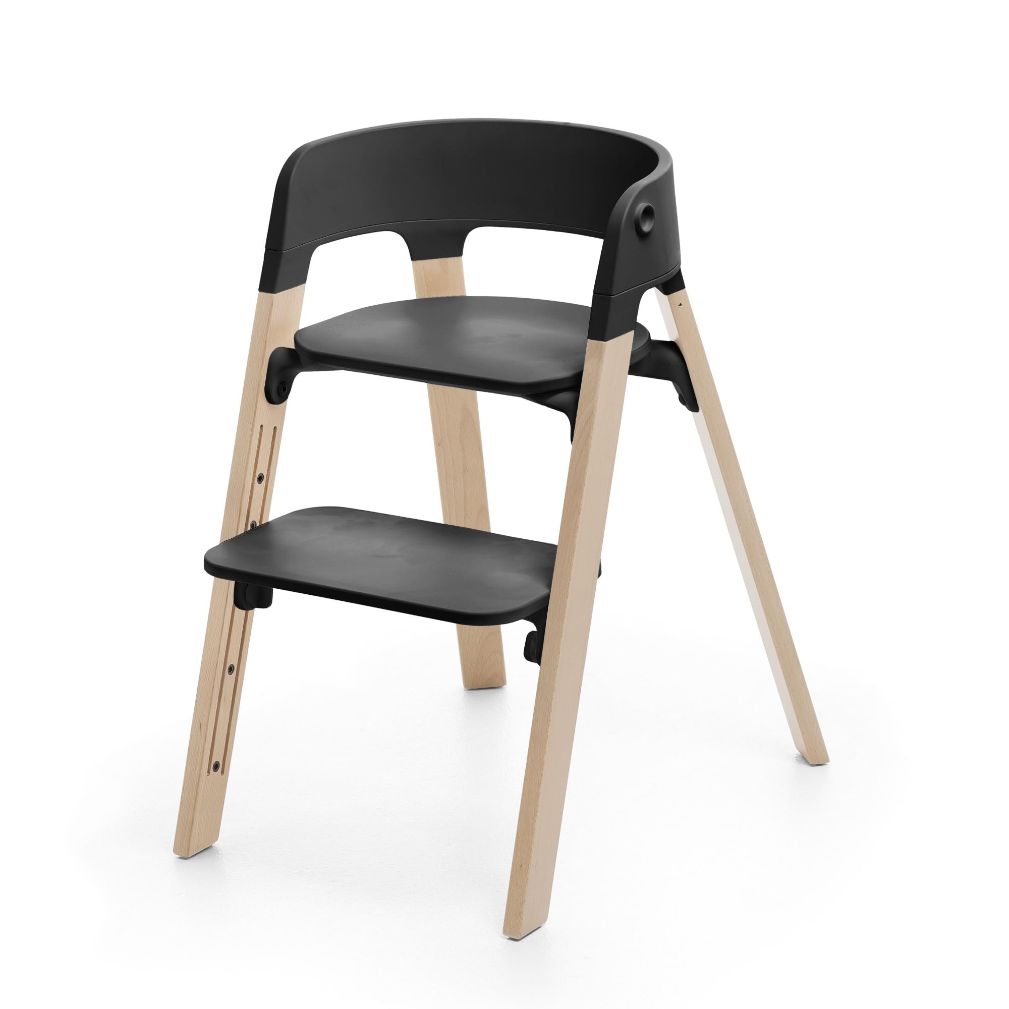 Chaise haute Stokke Steps pour bébé - Chaise simple - Noir naturel - Hauteur réglable sans outils - Enregistrement de garantie prolongée - Confortable