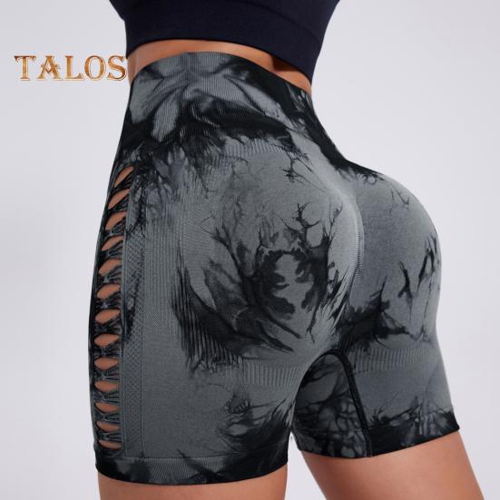 Short de yoga coupe slim haute élasticité contrôle du ventre sans couture séchage rapide tie-dye ajouré anti-exposition fesses relevées taille haute douce jogging course à pied