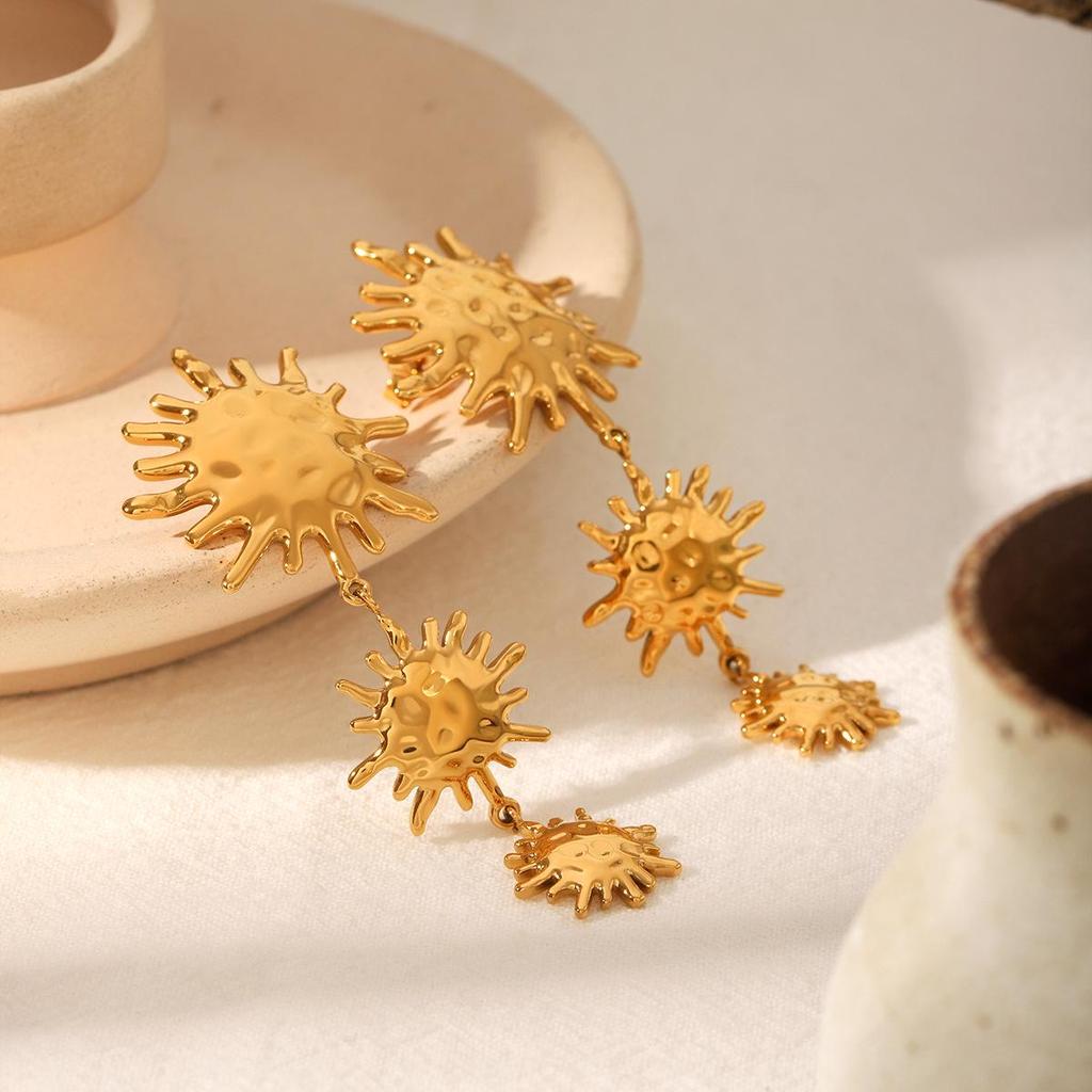 European-American Stainless Steel Hammered Sun Earrings: Light Luxury Titanium Steel Long Tassel Dangles for Women