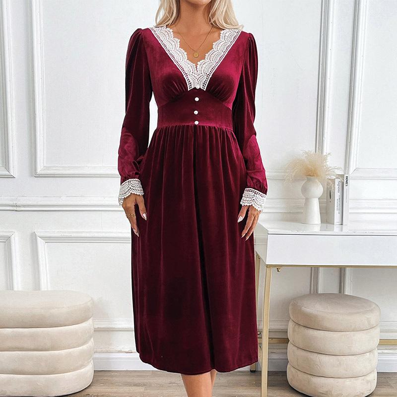 Women's Autumn and Winter Party Velvet Long Lace Splicing Clashing Color Dress