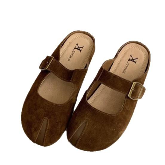 Soft leather version~ retro Boken shoes women wear platform bag head half slippers one-word buckle casual lazy Muller slippers