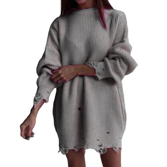 Women Sweater Three-Dimensional Tailoring Loose Fit Soft Knitted Sweater O-Neck Long Sleeve Ripped Holes Mid-length Tops