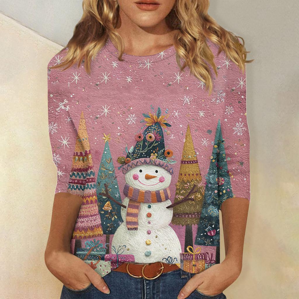 3/4 Sleeve Shirts For Women Print Christmas Tees Blouses Casual Plus Size Basic Tops Pullover