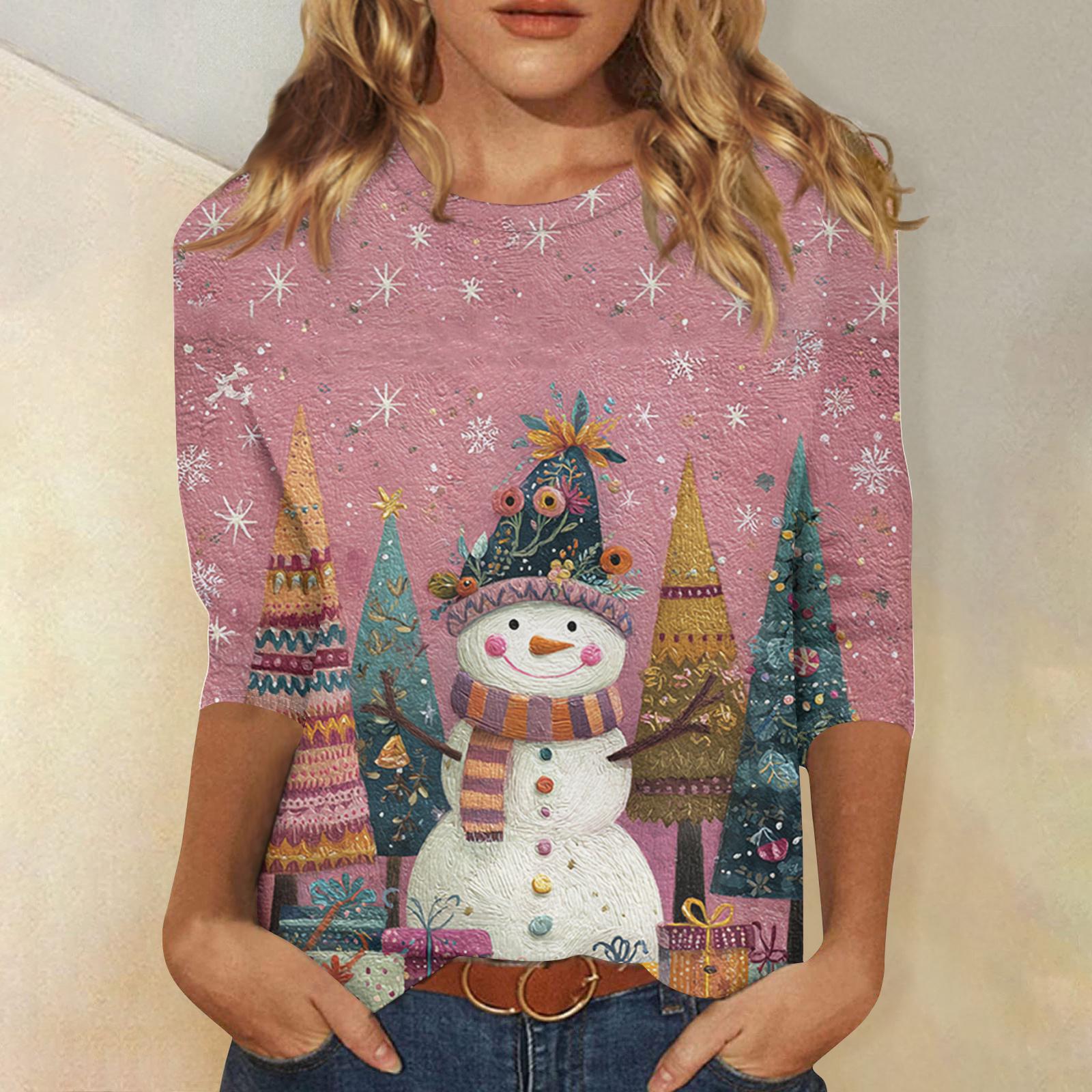 

Рубашки с рукавом 3/4 для женщин с принтом, Рождественские футболки, Блузки, Повседневные, Большого размера, Базовые топы, Пуловер XXXXL розовый