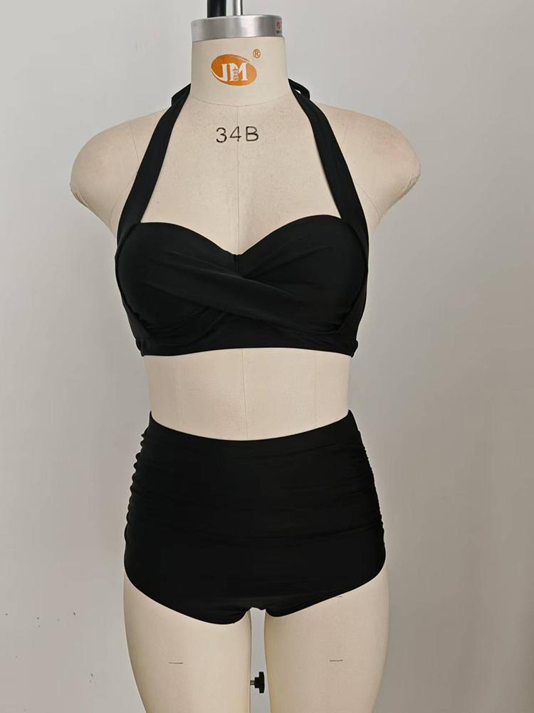 Solid Bikini Set Women Swimsuit Two-Piece High Waisted Backless Female Swimwear Bathing Summer Fashion Vacation Beachwear