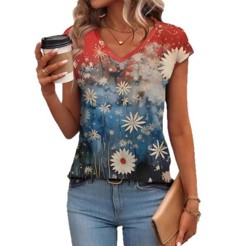 New Casual and Versatile Trendy High-quality Women's 3D Printed V-neck T-shirt