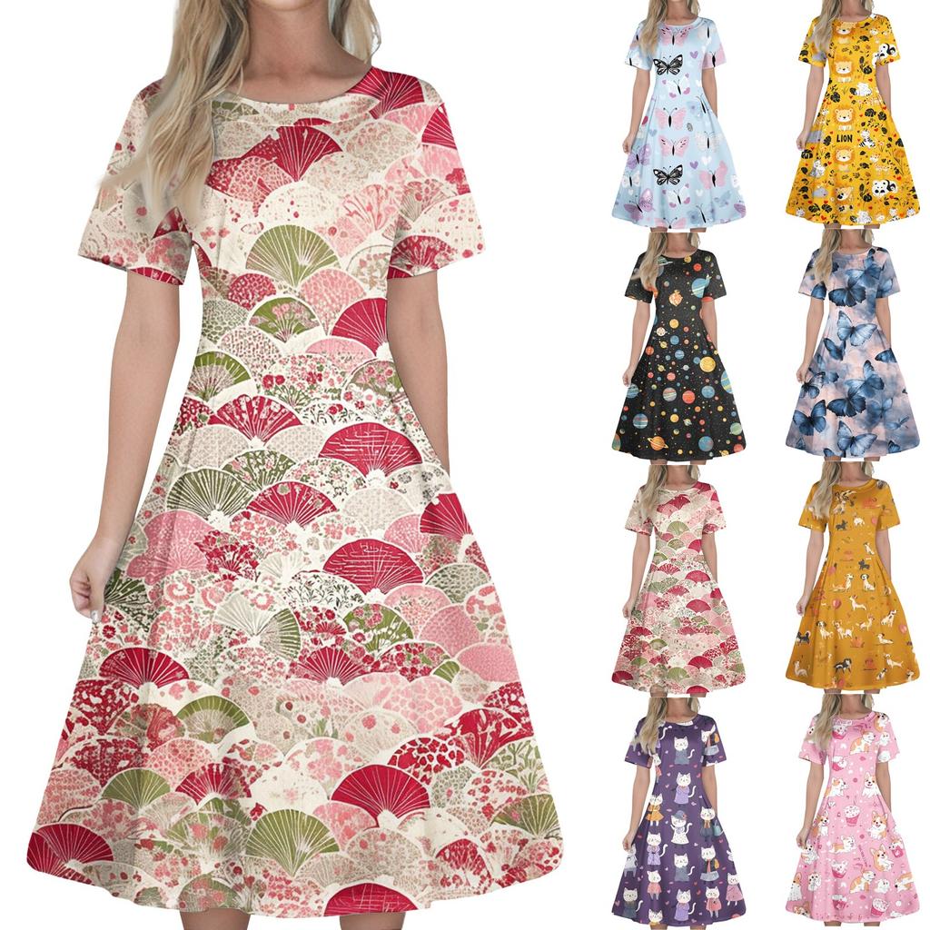 Women's Casual Fashion Dress Animal Floral Print Round Short Sleeve Waist Mid-Length Swing Dress (with Zipper)
