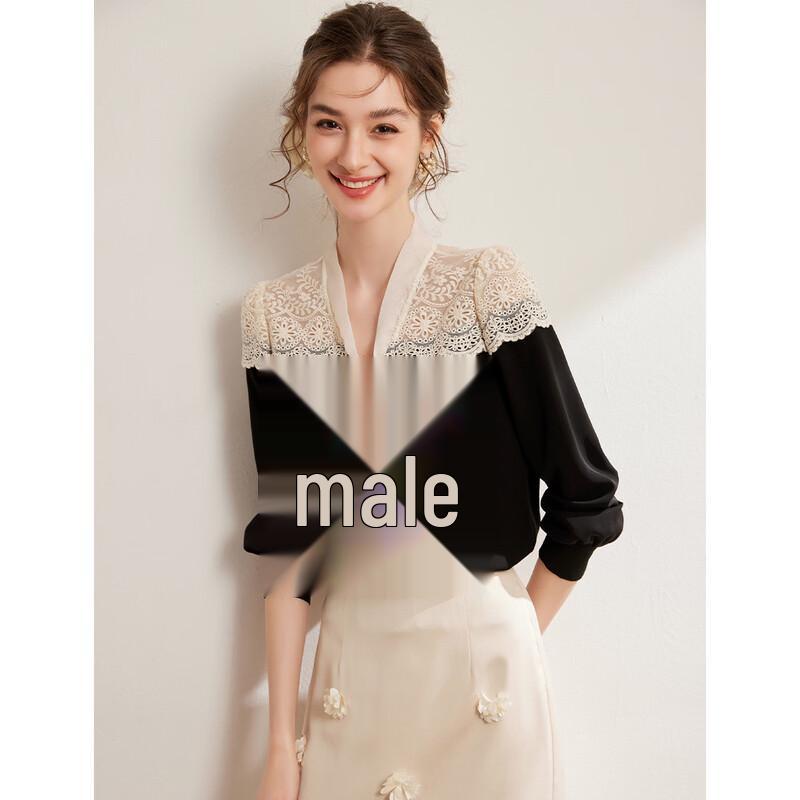 Bailuyu Elegant V-Neck Tie-Front Contrast Patchwork Long-Sleeve Blouse S