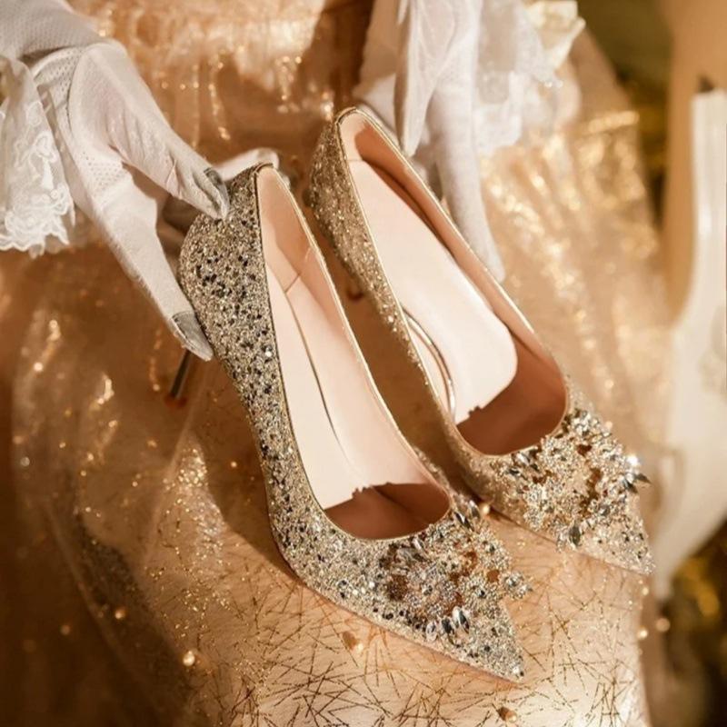 2025 new Xiuhe wedding dress two wear crystal shoes bride shoes women champagne high heels not tired feet rhinestone wedding shoes