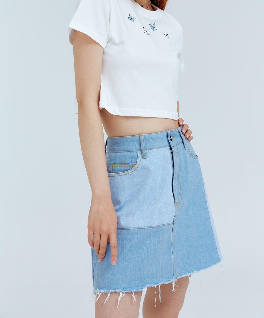 Ridge Patch Light Wash Denim Short Skirt