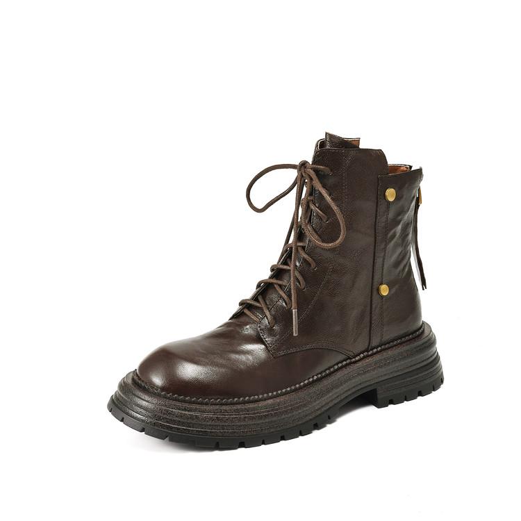 Fashion New Autumn/winter Genuine Leather Women Boots Round Toe Shoes for Women Fashion Boots Women Mid Heels Lace Platform Boots