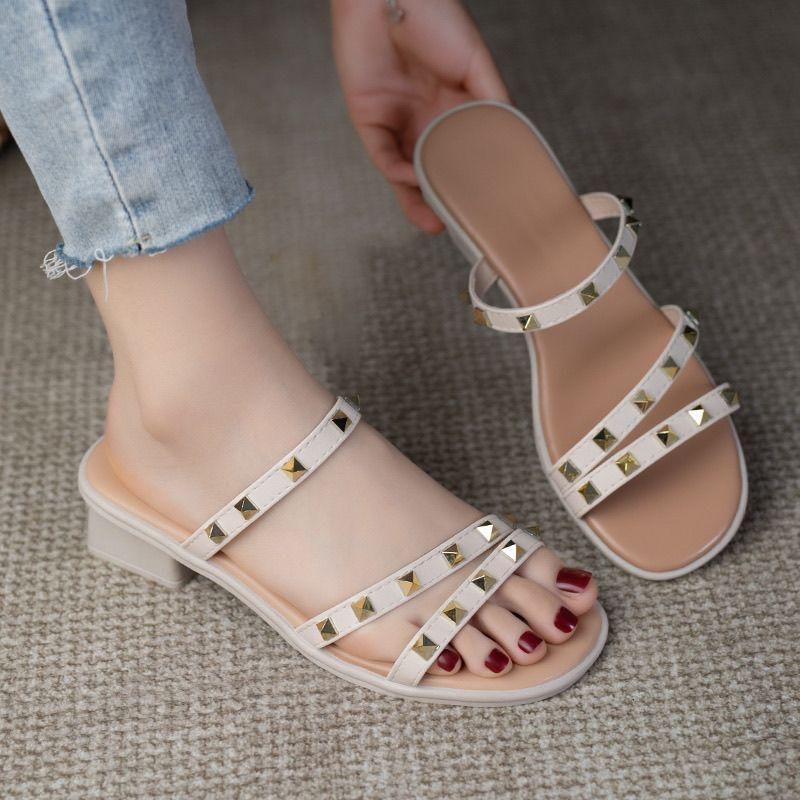 Sandals thick high heels women's shoes summer seaside 2025 rivets one-word outer wear fashion women's middle heel