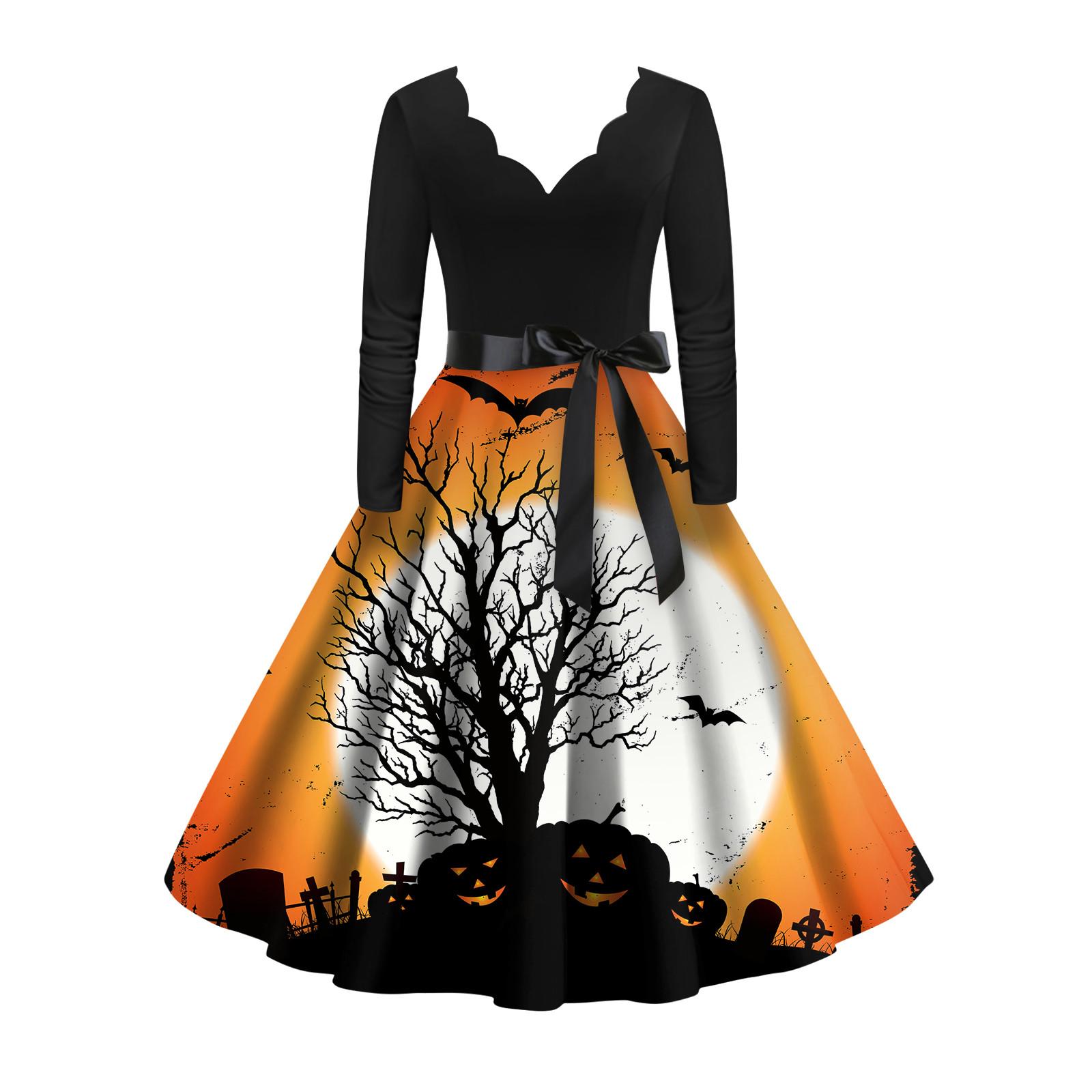 

Женское винтажное классическое платье с вырезом на талии и галстуком-бабочкой с длинными рукавами на Хэллоуин с принтом и V-образным вырезом, свободное платье XL шафрановый
