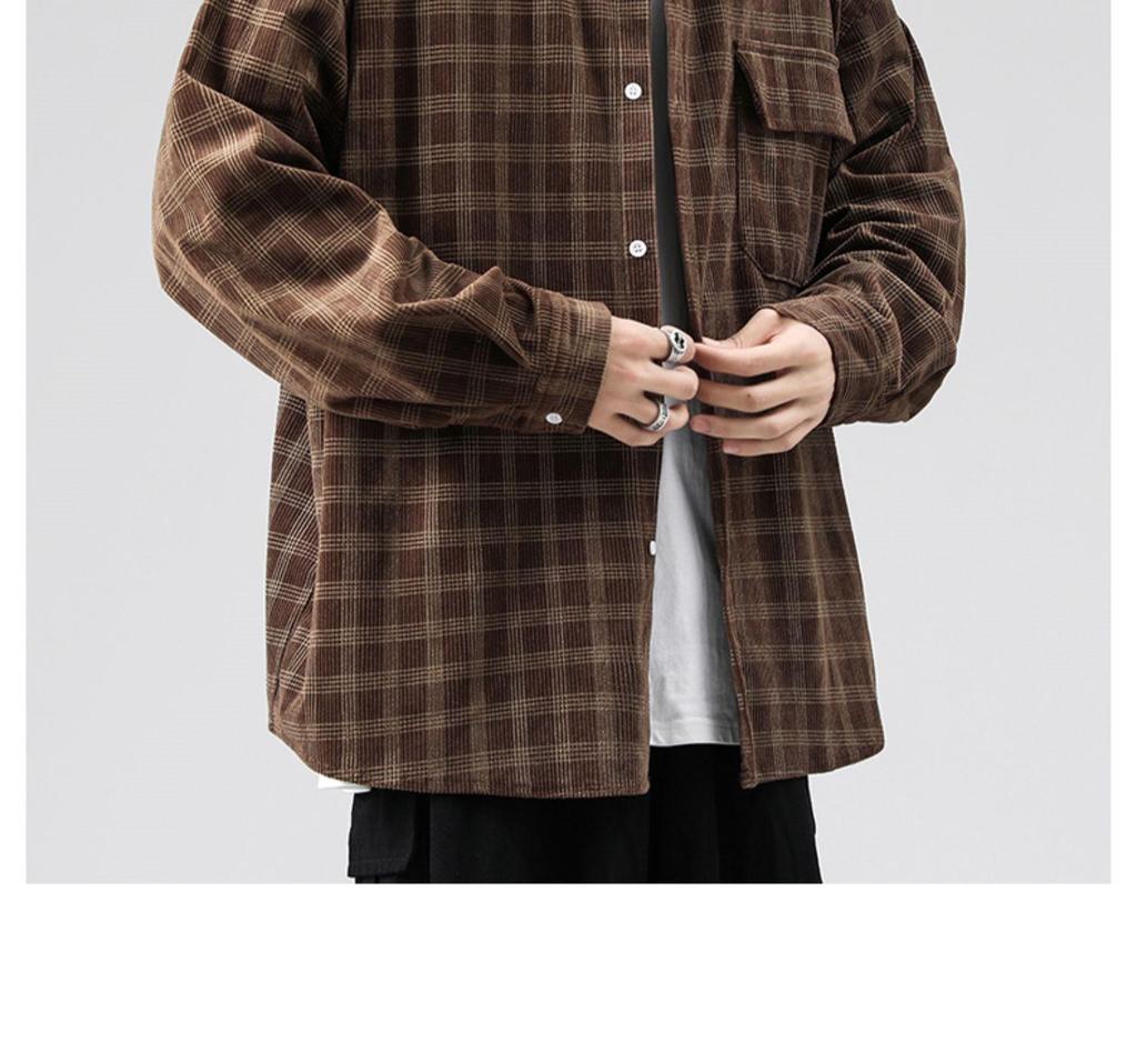 Men's Long Sleeve Corduroy Shirt - Japanese Retro Plaid Jacket for Spring & Autumn