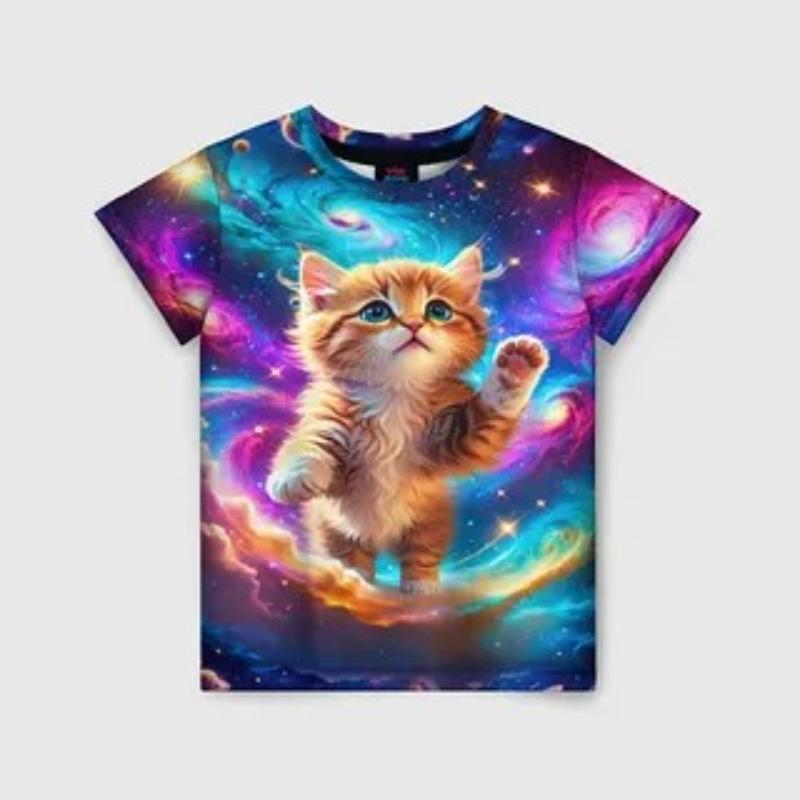 Children's Cartoon Kitten Print Cute Multi-color T-shirts Girls Fashionable Soft Comfortable T-shirt