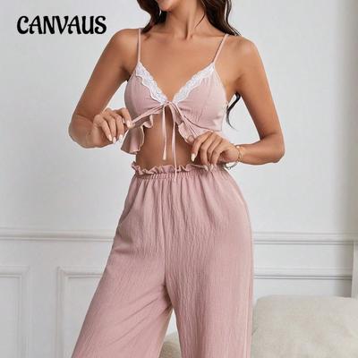 Pantalon à bretelles pour femmes avec fuite au nombril, dentelle, col en V, sexy, vêtement d'intérieur, nœud papillon, ensemble pyjama