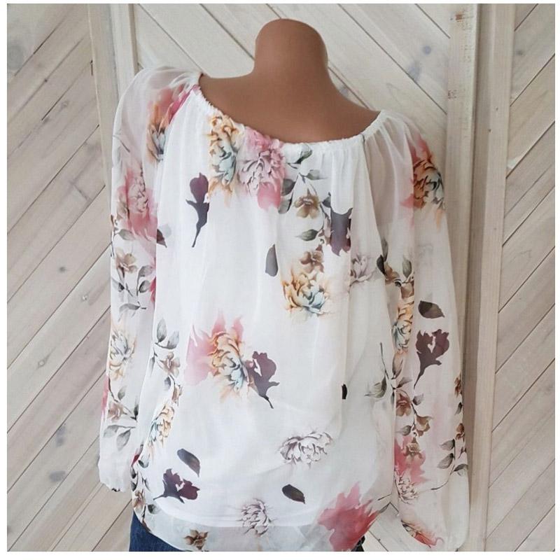 Fashion Women's All-Match Sexy One-Neck Printed Loose Chiffon Shirt Long Sleeve Top