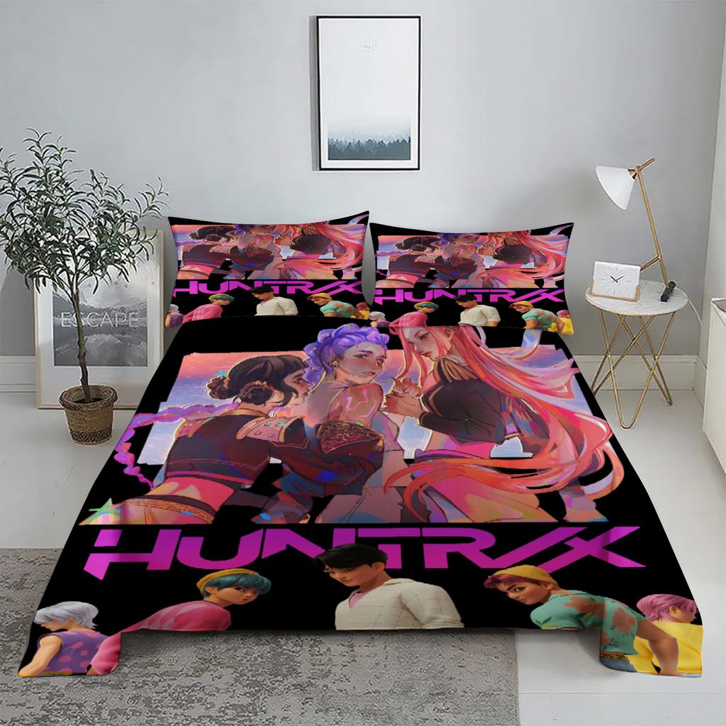Huntrix, Rumi, Mira D-Dämonenjäger K-Pop Bettwäsche-Set 3D-bedrucktes Bettlaken mit Kissenbezug Bettwäsche King Queen Size